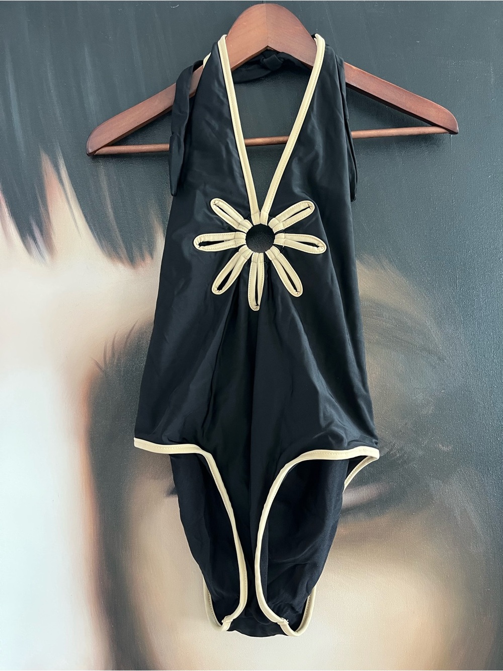 🚨‼️SOLD‼️🚨Black Halter One-Piece floral cutout Swimsuit with beige Trim - Picture 4 of 5